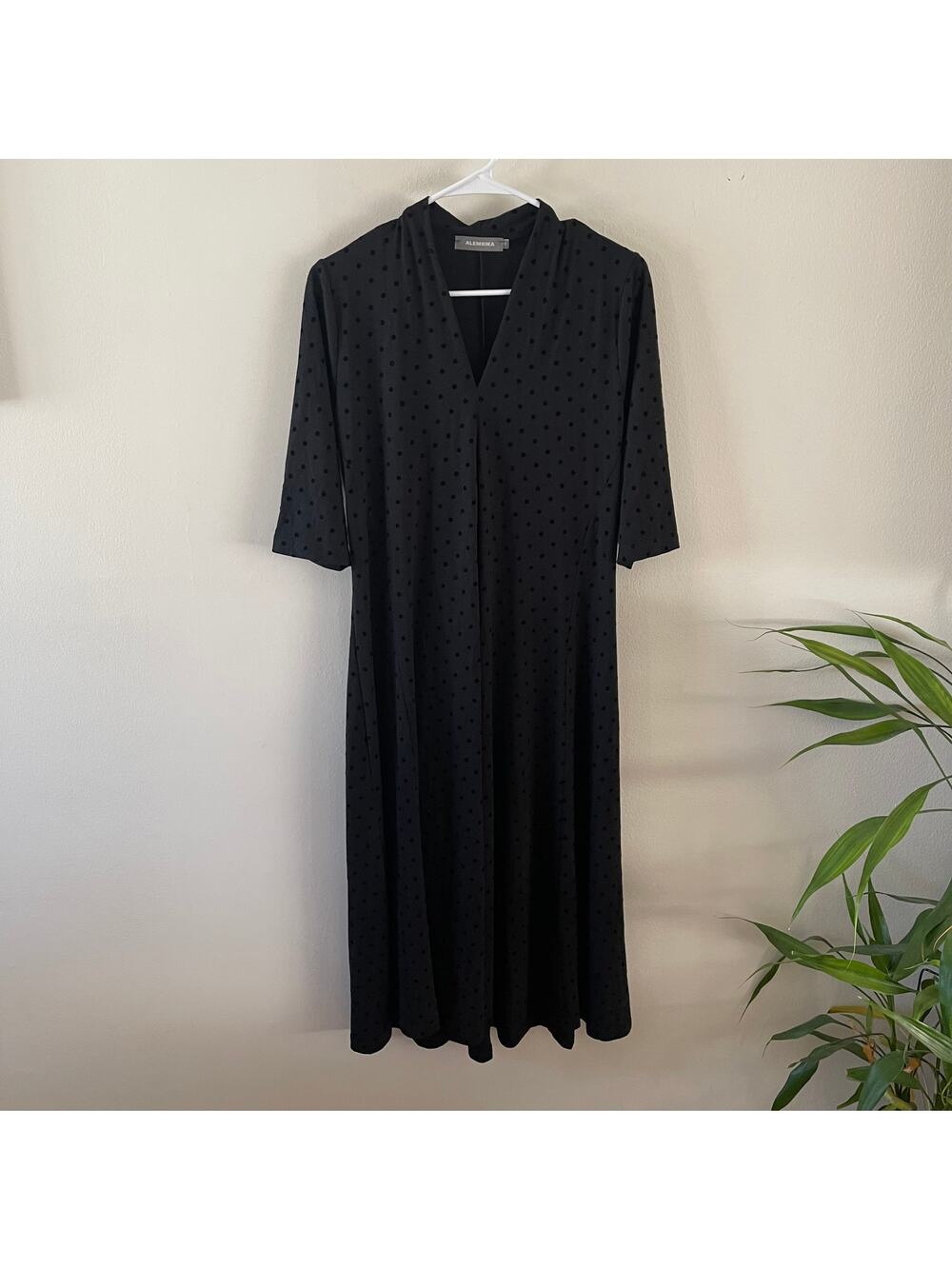 Alembika Womens 1 A-Line Midi Dress Black Velvet Polka Dot Minimalist Witchy